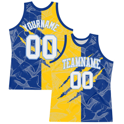Custom Graffiti Pattern White Royal Yellow-Light Blue Scratch Round Neck Sublimation Basketball Set Jersey