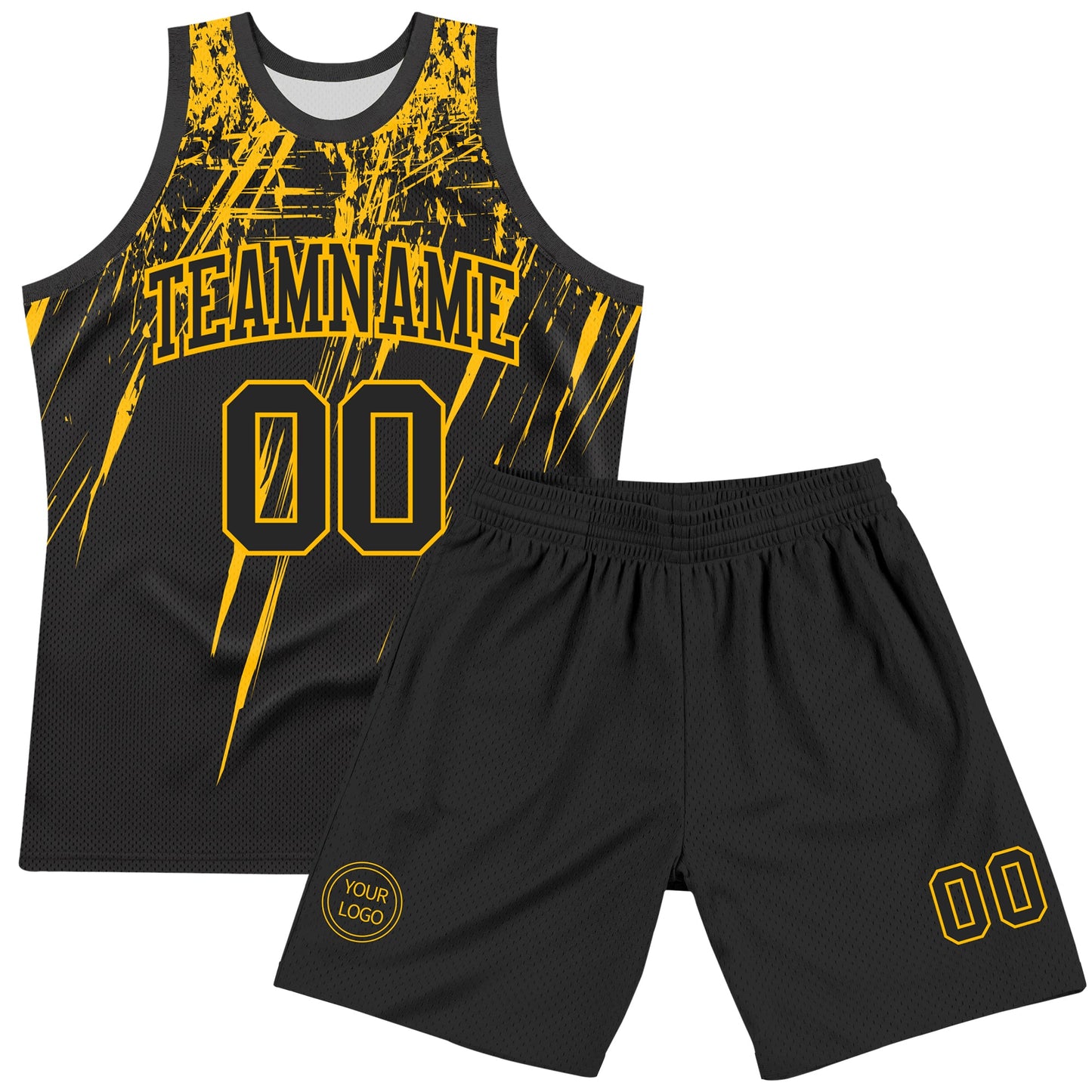 Custom Black Gold Splash Round Neck Sublimation Basketball Set Jersey