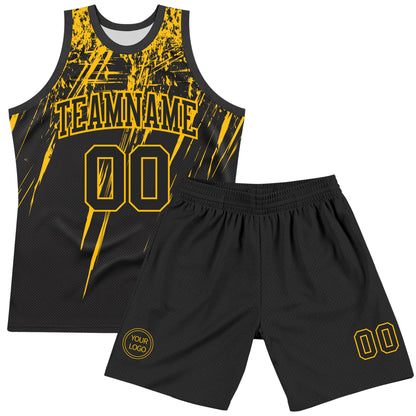 Custom Black Gold Splash Round Neck Sublimation Basketball Set Jersey