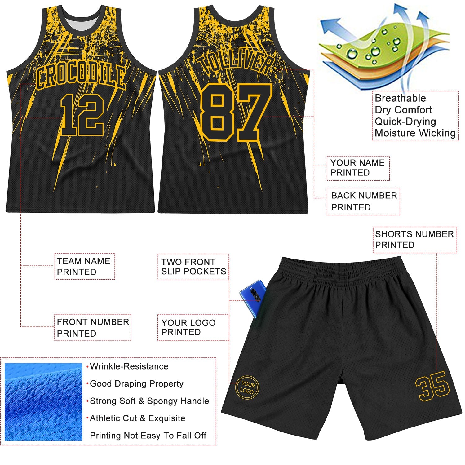 Custom Black Gold Splash Round Neck Sublimation Basketball Set Jersey