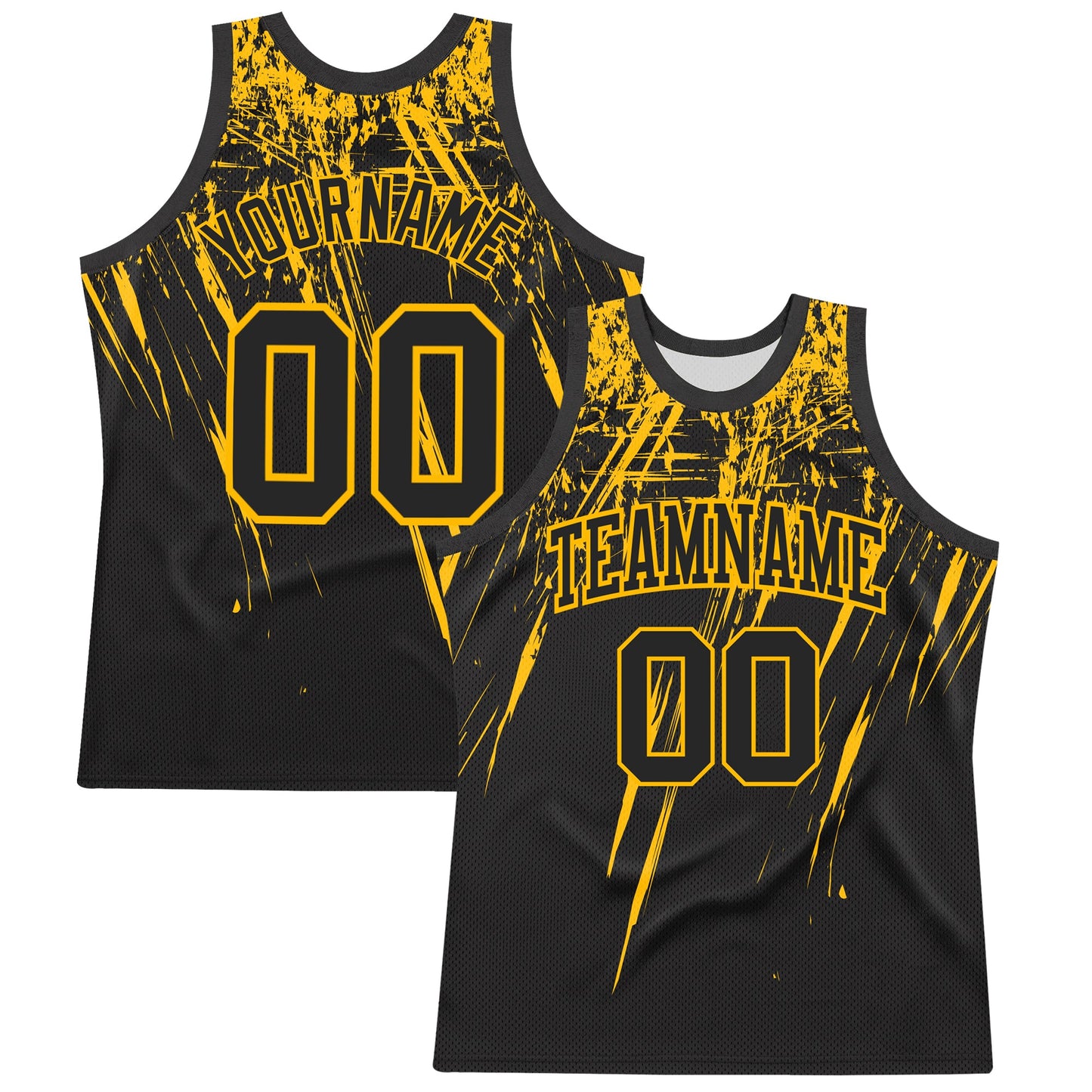 Custom Black Gold Splash Round Neck Sublimation Basketball Set Jersey