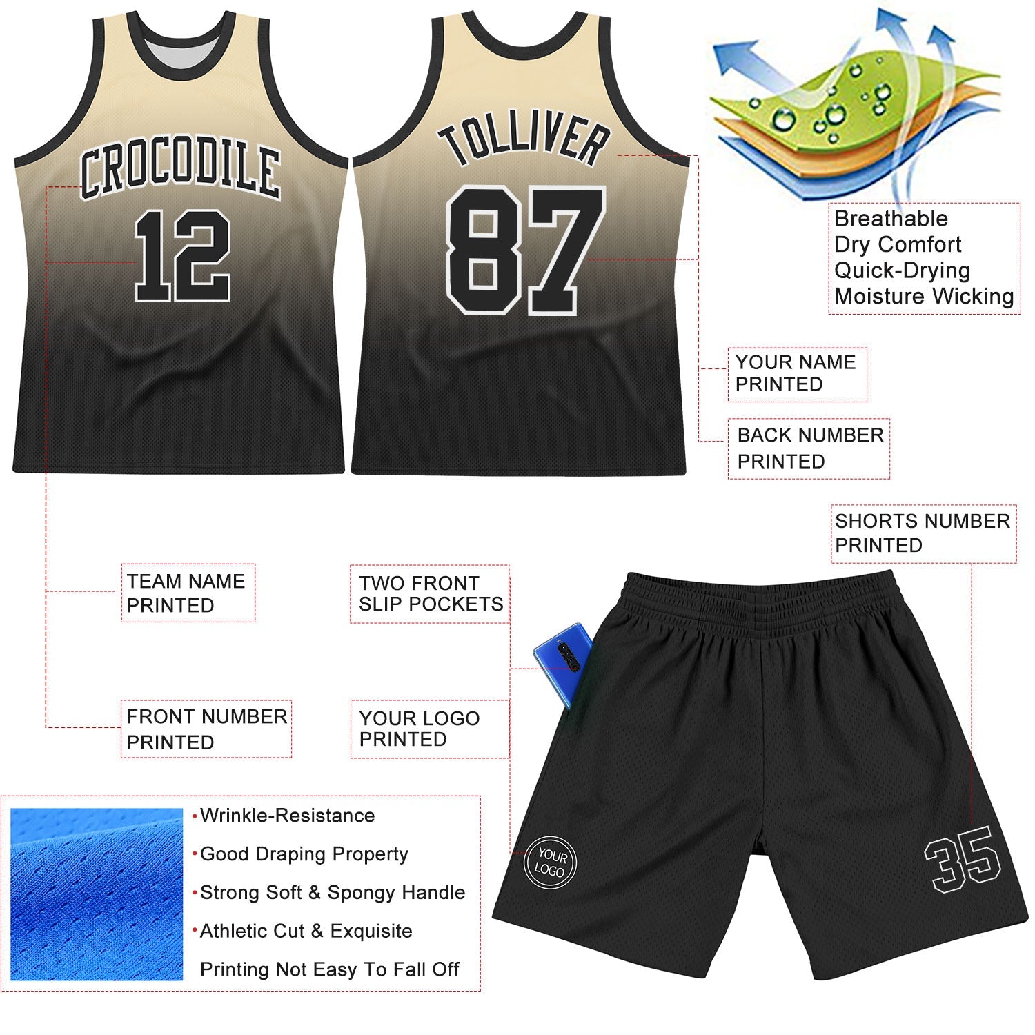 Custom Cream Black-White Fade Fashion Round Neck Sublimation Basketball Set Jersey