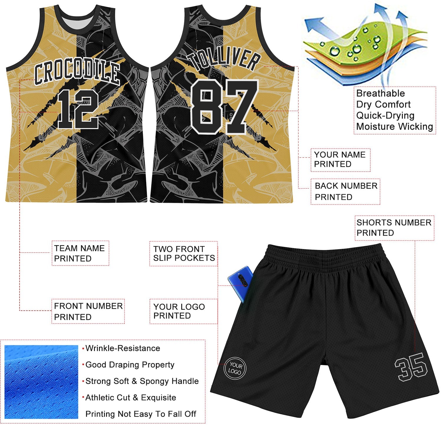 Custom Graffiti Pattern Black Old Gold-White Scratch Round Neck Sublimation Basketball Set Jersey
