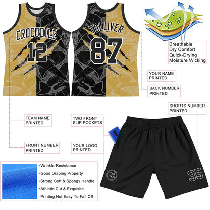 Custom Graffiti Pattern Black Old Gold-White Scratch Round Neck Sublimation Basketball Set Jersey