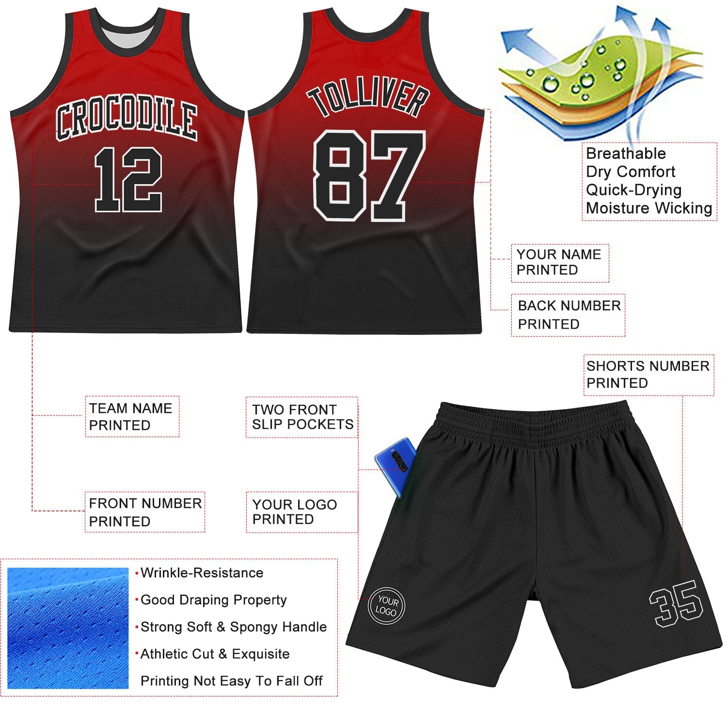 Custom Red Black-White Fade Fashion Round Neck Sublimation Basketball Set Jersey