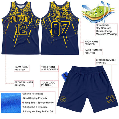 Custom Navy Yellow Splash Round Neck Sublimation Basketball Set Jersey