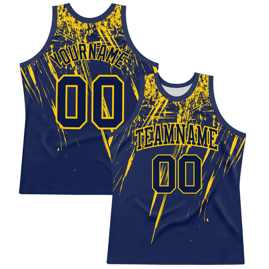 Custom Navy Yellow Splash Round Neck Sublimation Basketball Set Jersey