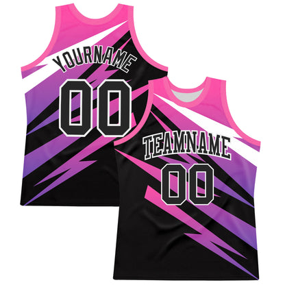 Custom Pink Black-White Line Round Neck Sublimation Basketball Set Jersey