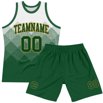 Custom White Green-Old Gold Gradient Square Shapes Round Neck Sublimation Basketball Set Jersey