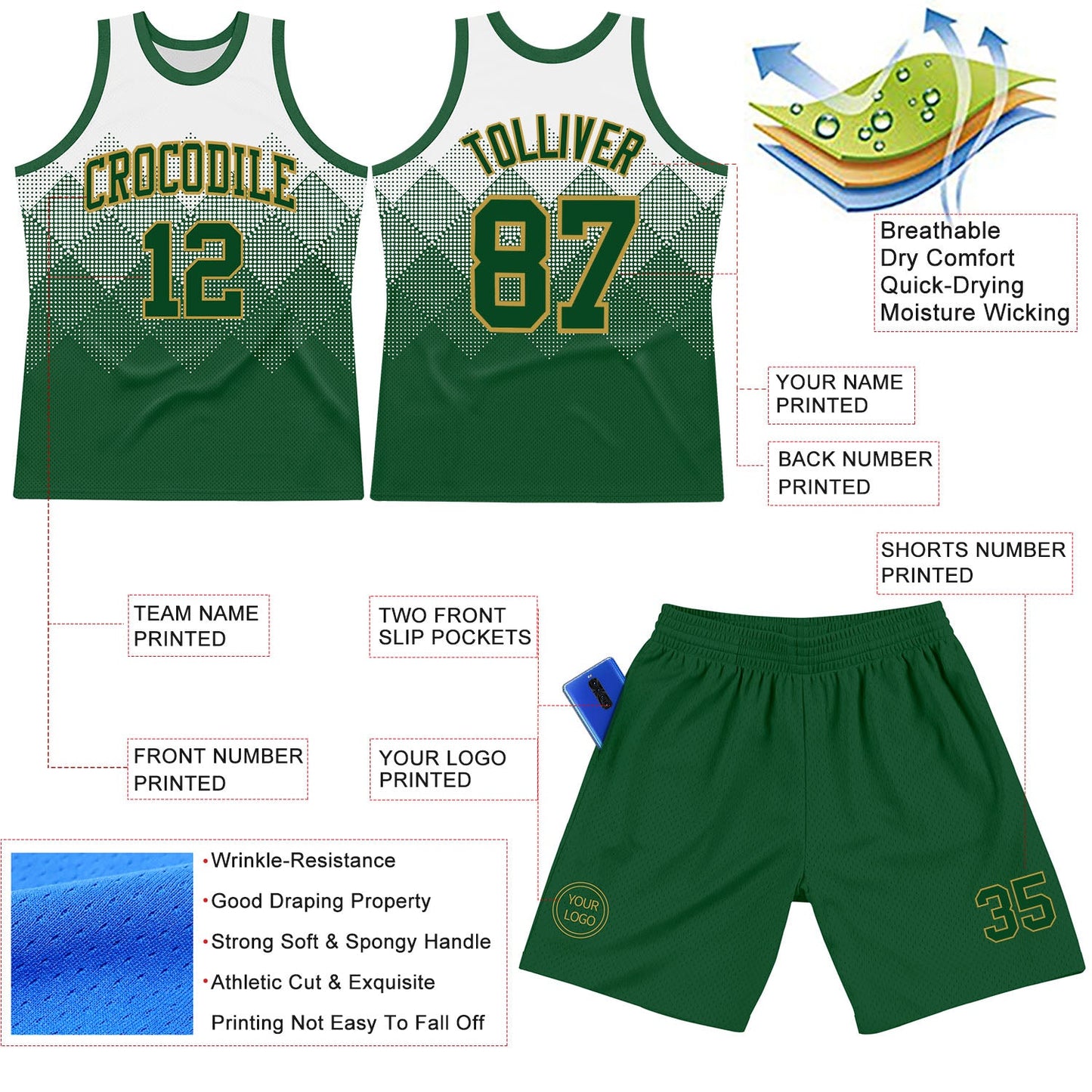 Custom White Green-Old Gold Gradient Square Shapes Round Neck Sublimation Basketball Set Jersey