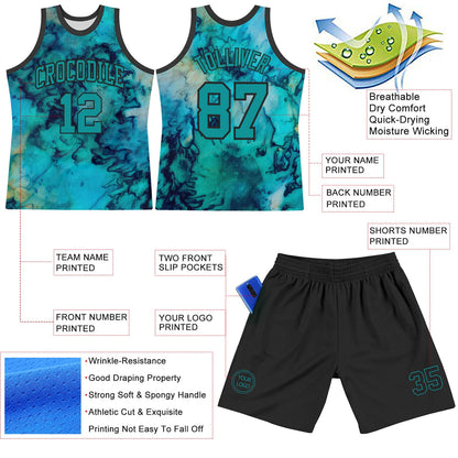 Custom Tie Dye Teal-Black Round Neck Sublimation Basketball Set Jersey