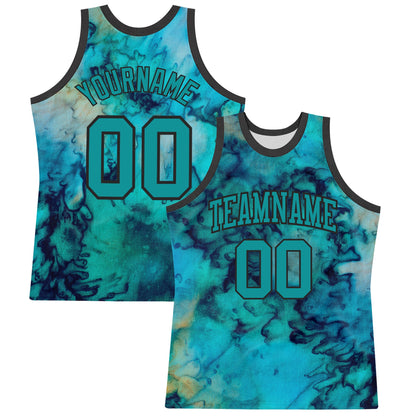 Custom Tie Dye Teal-Black Round Neck Sublimation Basketball Set Jersey