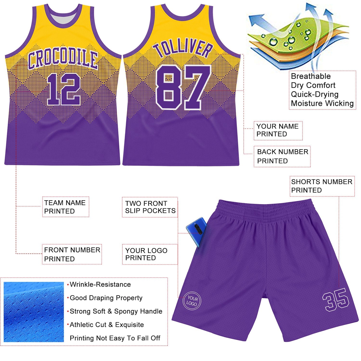 Custom Yellow Purple-White Gradient Square Shapes Round Neck Sublimation Basketball Set Jersey