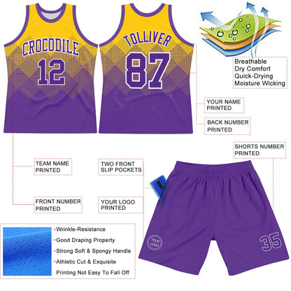Custom Yellow Purple-White Gradient Square Shapes Round Neck Sublimation Basketball Set Jersey