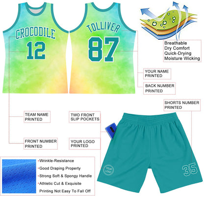 Custom Tie Dye Teal-White Round Neck Sublimation Basketball Set Jersey
