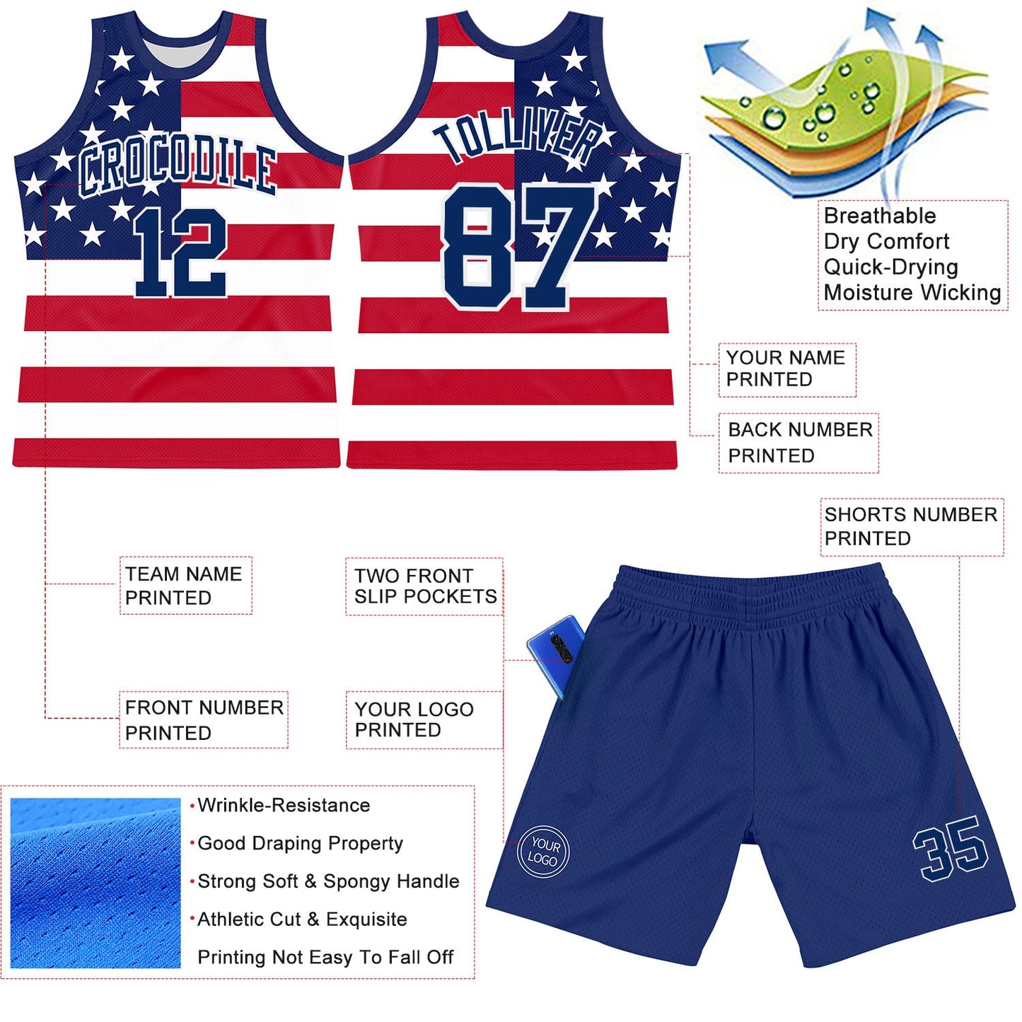 Custom Red Royal-White American Flag Round Neck Sublimation Basketball Set Jersey