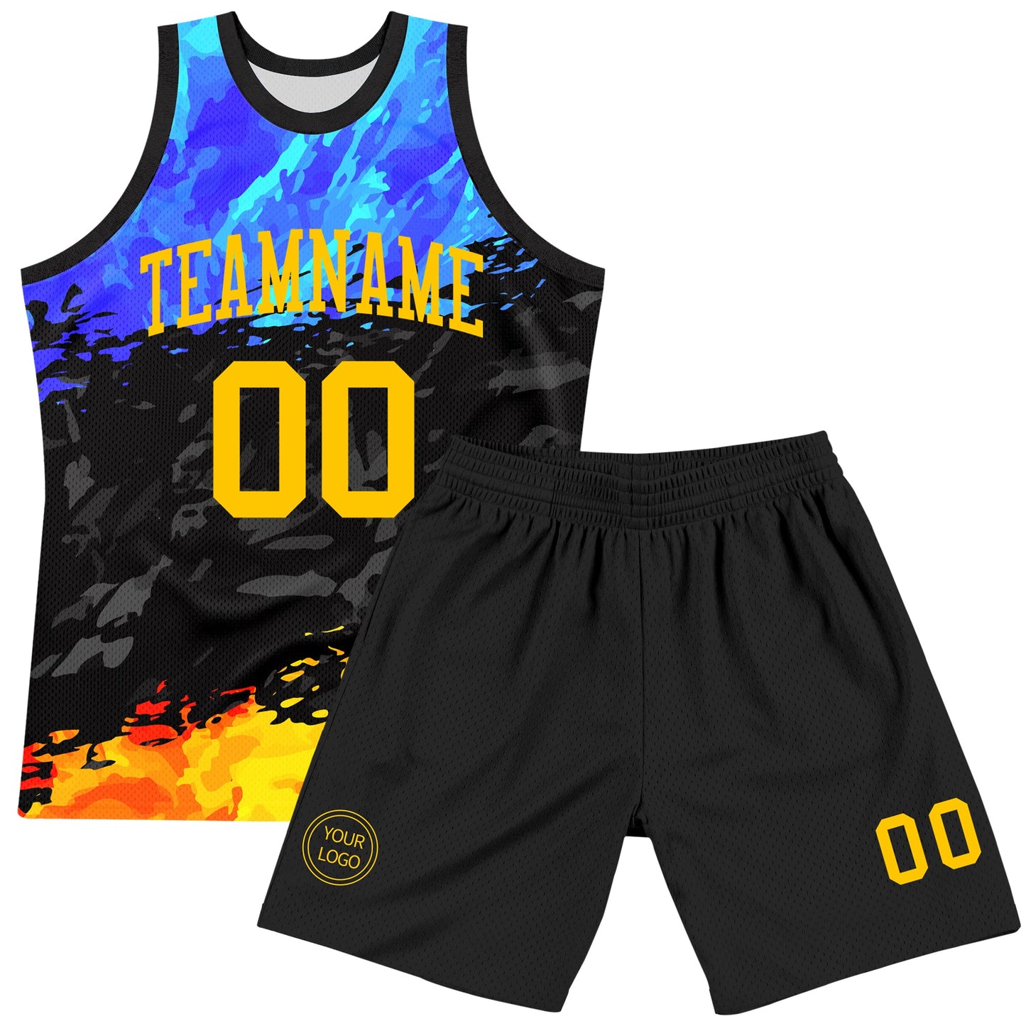 Custom Figure Yellow Royal-Black Splash Round Neck Sublimation Basketball Set Jersey