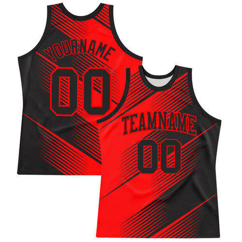 Custom Red Black Line Round Neck Sublimation Basketball Set Jersey