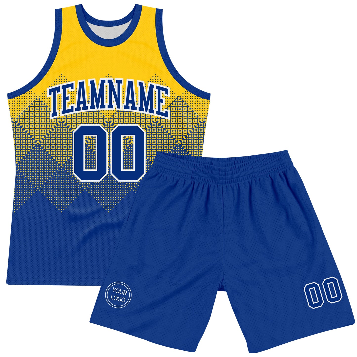 Custom Yellow Royal-White Gradient Square Shapes Round Neck Sublimation Basketball Set Jersey