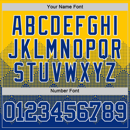 Custom Yellow Royal-White Gradient Square Shapes Round Neck Sublimation Basketball Set Jersey