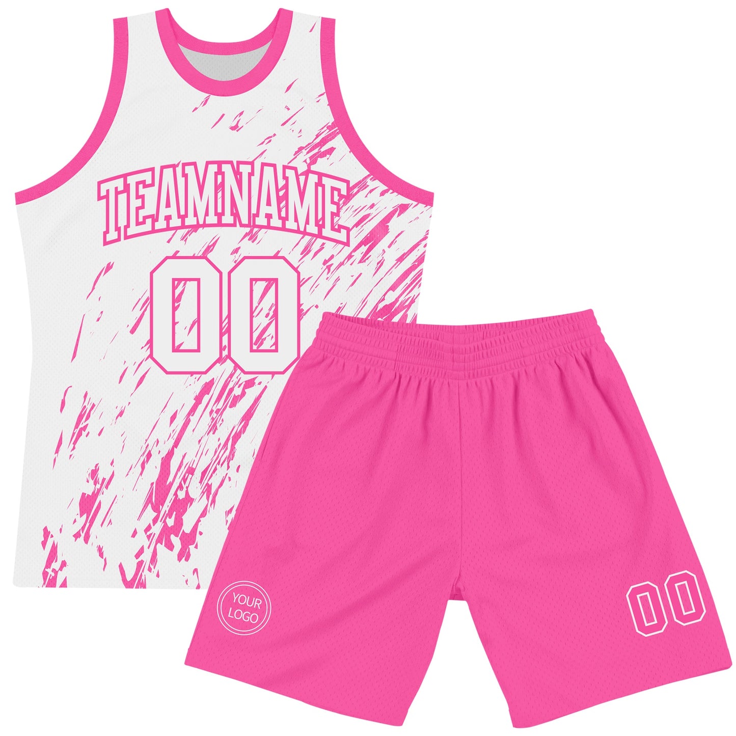 Custom White Pink Splash Round Neck Sublimation Basketball Set Jersey