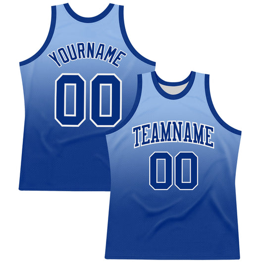 Custom Light Blue Royal-White Fade Fashion Round Neck Sublimation Basketball Set Jersey