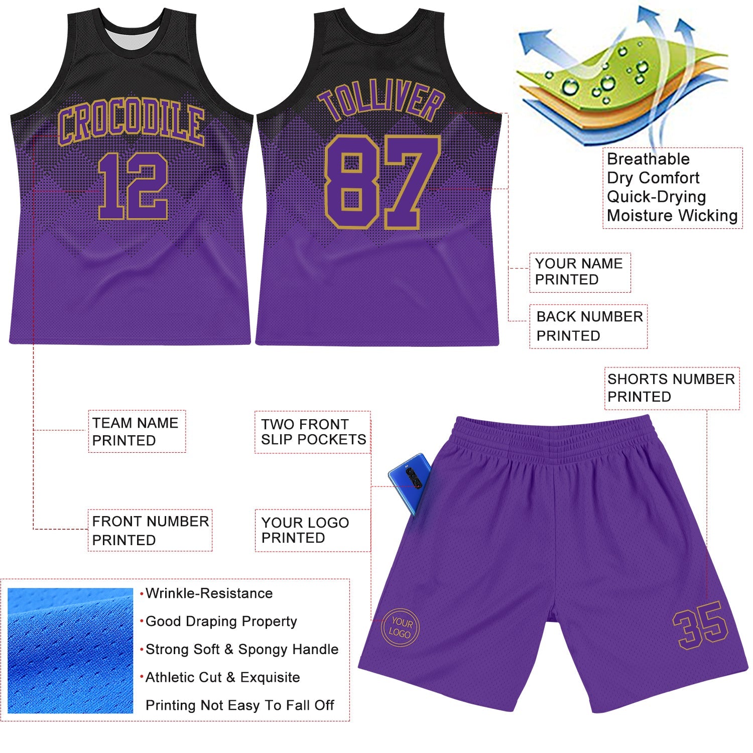 Custom Black Purple-Old Gold Fade Fashion Round Neck Sublimation Basketball Set Jersey