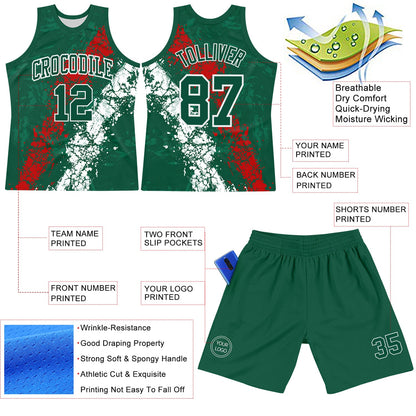 Custom Green Red-White Splash Round Neck Sublimation Basketball Set Jersey