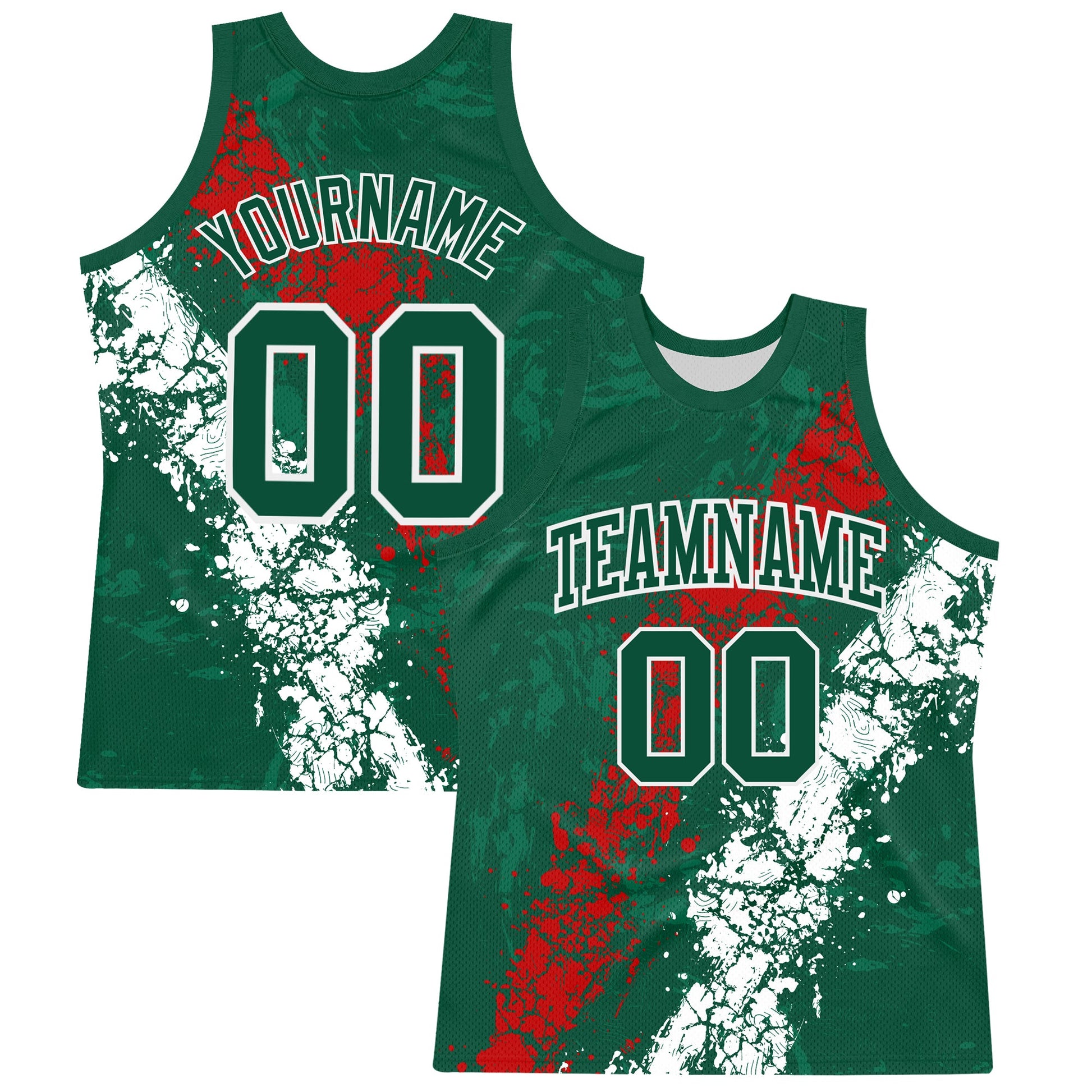 Custom Green Red-White Splash Round Neck Sublimation Basketball Set Jersey