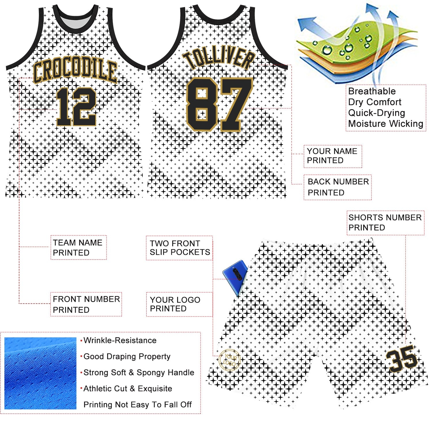 Custom White Black-Old Gold Geometric Shape Round Neck Sublimation Basketball Set Jersey