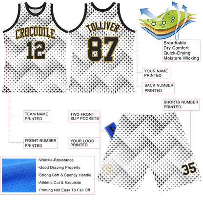 Custom White Black-Old Gold Geometric Shape Round Neck Sublimation Basketball Set Jersey