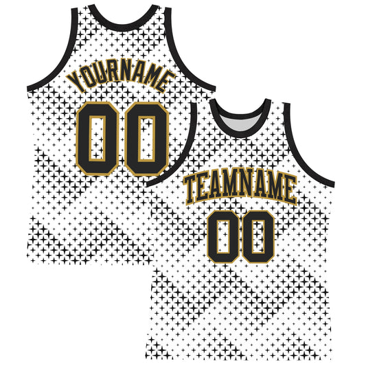 Custom White Black-Old Gold Geometric Shape Round Neck Sublimation Basketball Set Jersey