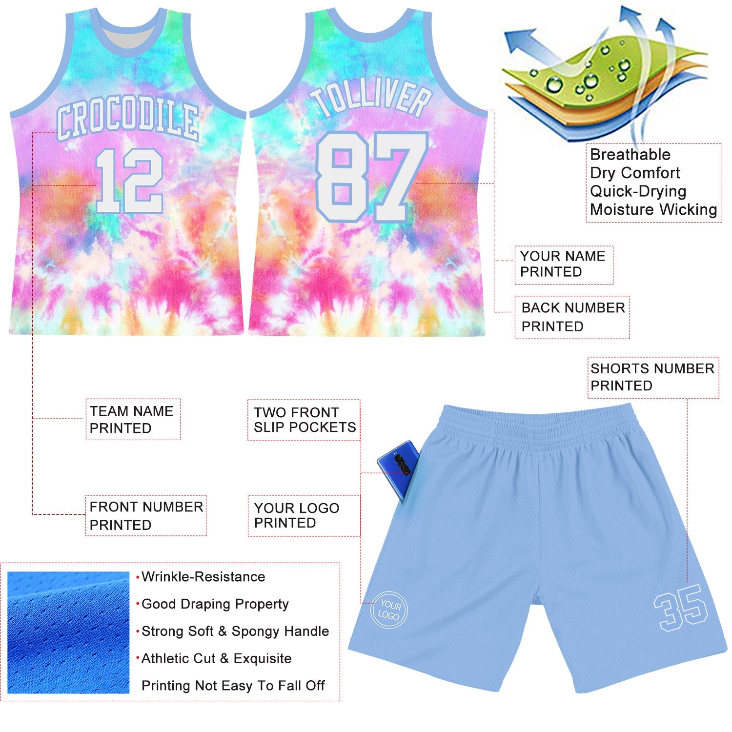 Custom Tie Dye White-Light Blue Round Neck Sublimation Basketball Set Jersey