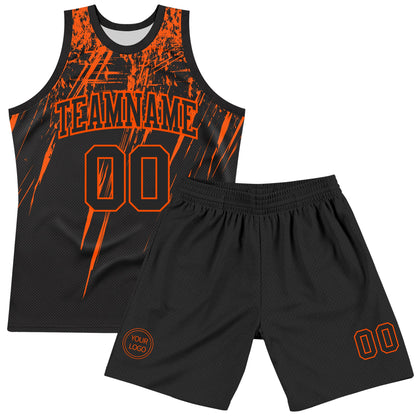 Custom Black Orange Splash Round Neck Sublimation Basketball Set Jersey