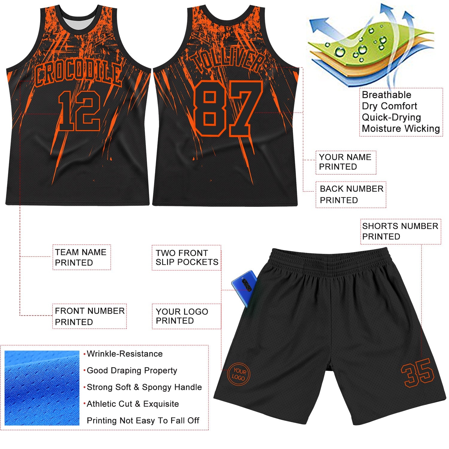 Custom Black Orange Splash Round Neck Sublimation Basketball Set Jersey