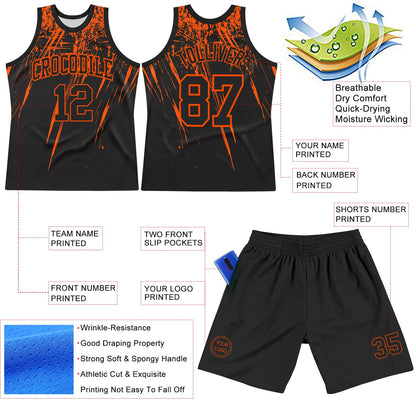 Custom Black Orange Splash Round Neck Sublimation Basketball Set Jersey