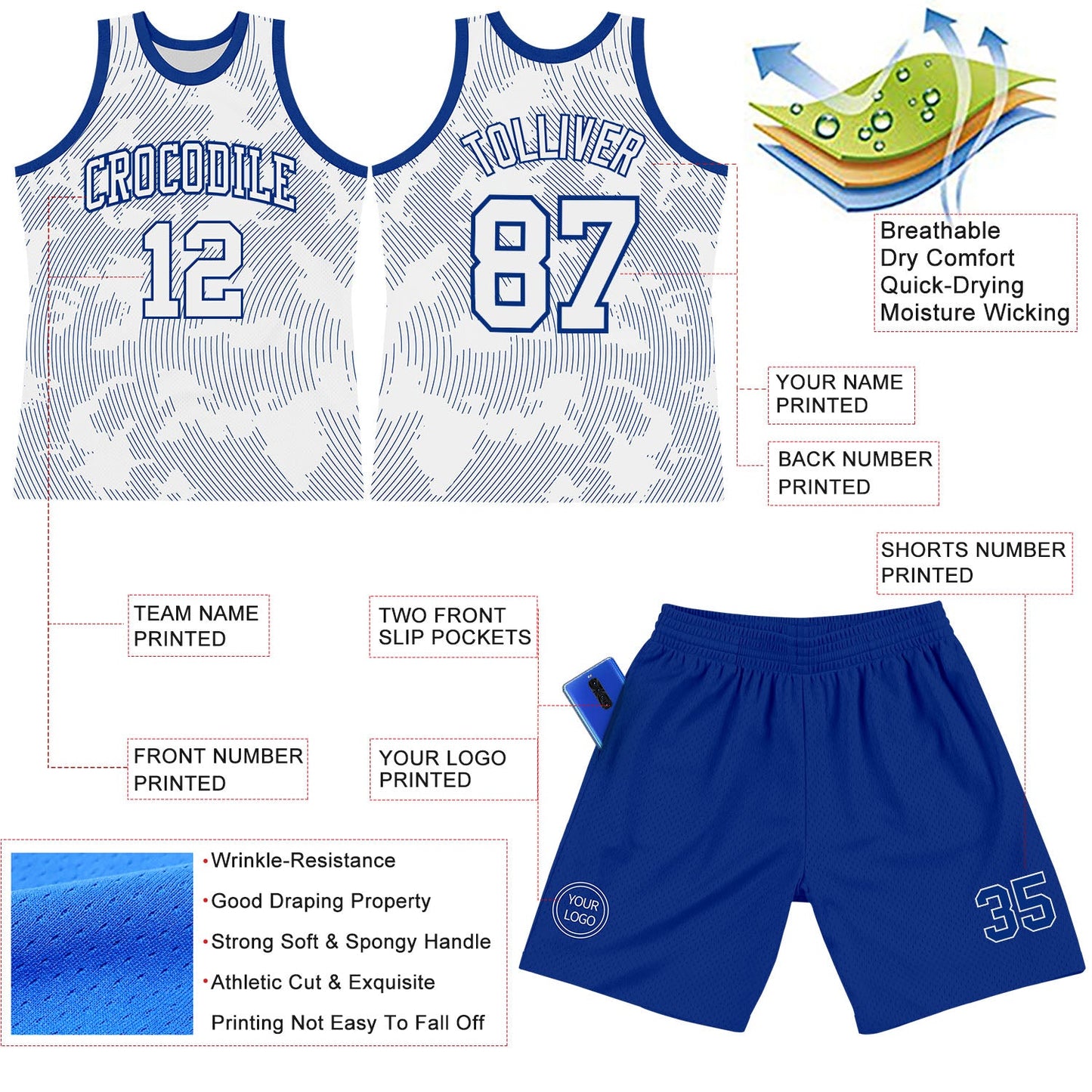 Custom White Royal Curve Lines Round Neck Sublimation Basketball Set Jersey