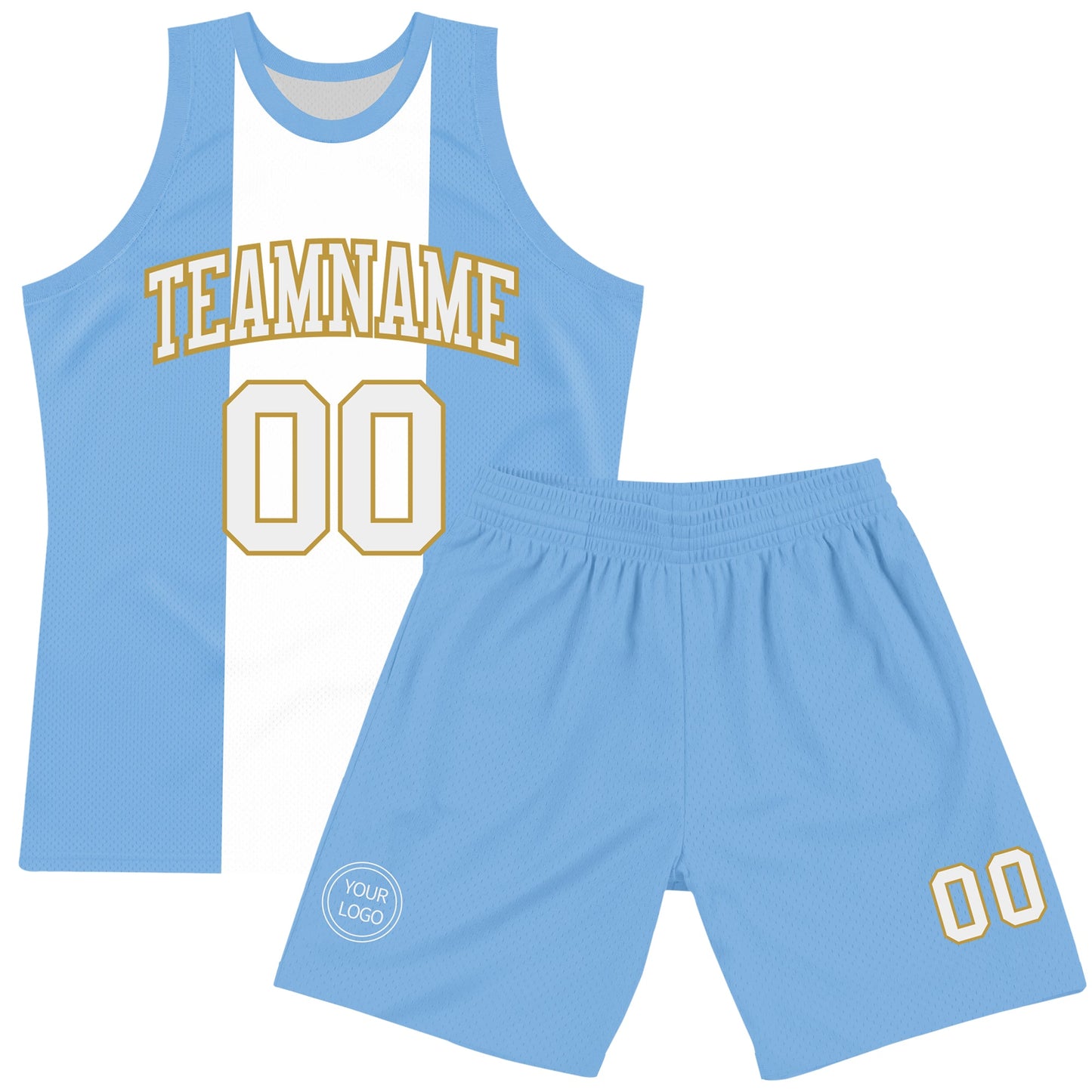 Custom Light Blue White-Old Gold Argentinian Flag Round Neck Sublimation Basketball Set Jersey