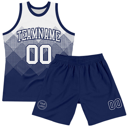 Custom White Navy Gradient Square Shapes Round Neck Sublimation Basketball Set Jersey
