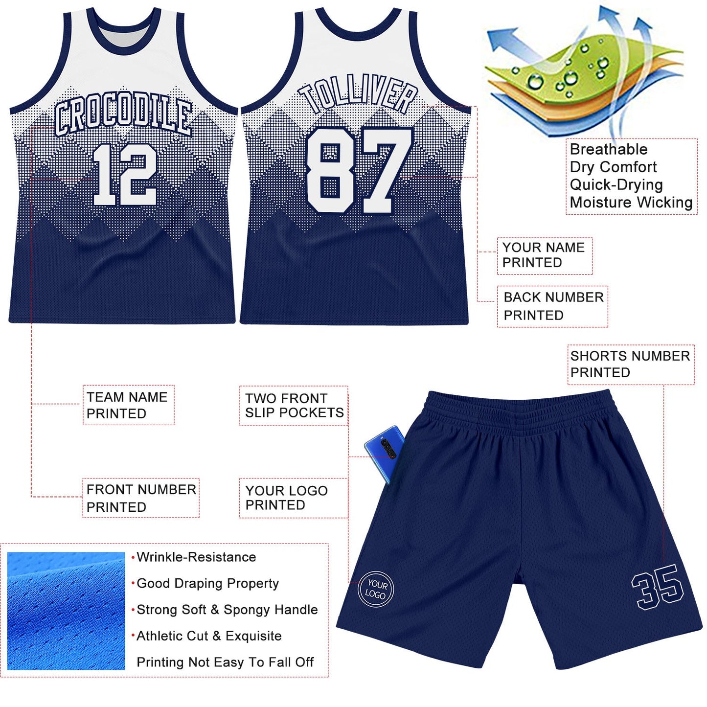Custom White Navy Gradient Square Shapes Round Neck Sublimation Basketball Set Jersey