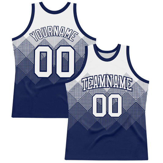 Custom White Navy Gradient Square Shapes Round Neck Sublimation Basketball Set Jersey