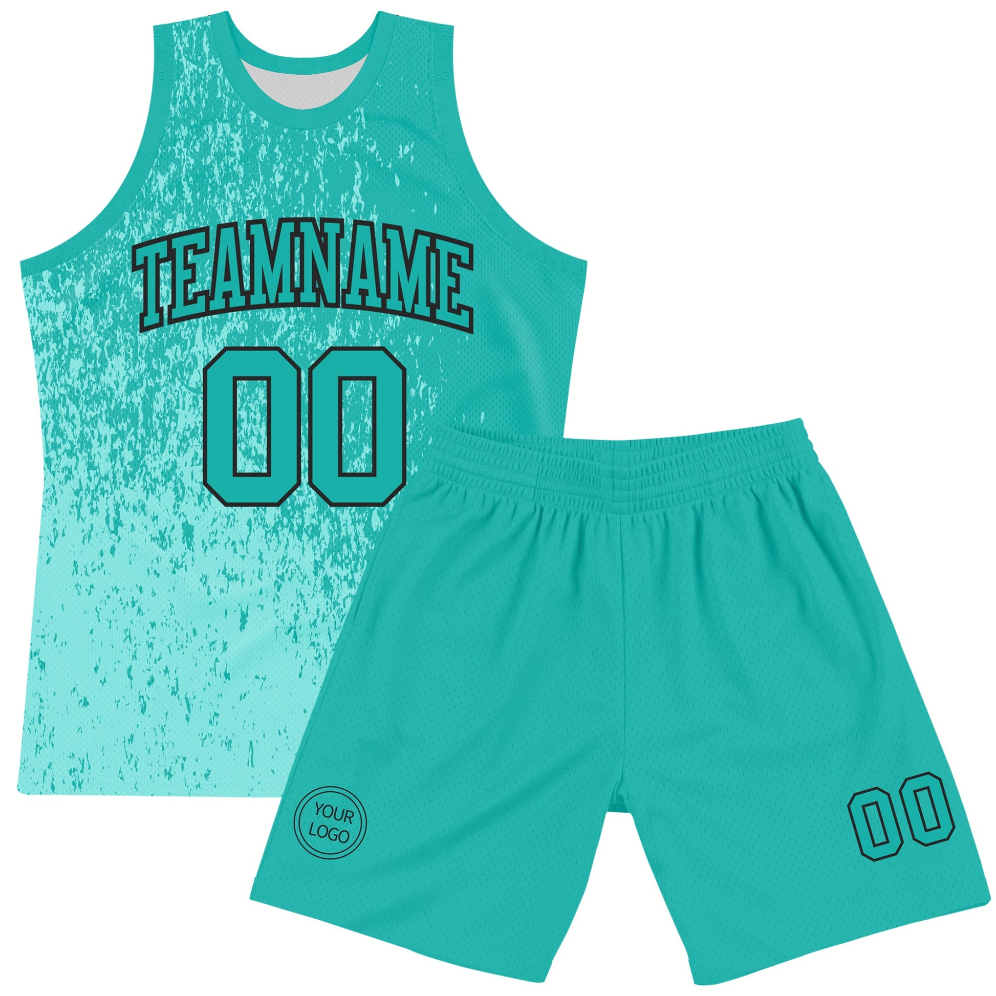 Custom Aqua Black Fragment Art Round Neck Sublimation Basketball Set Jersey