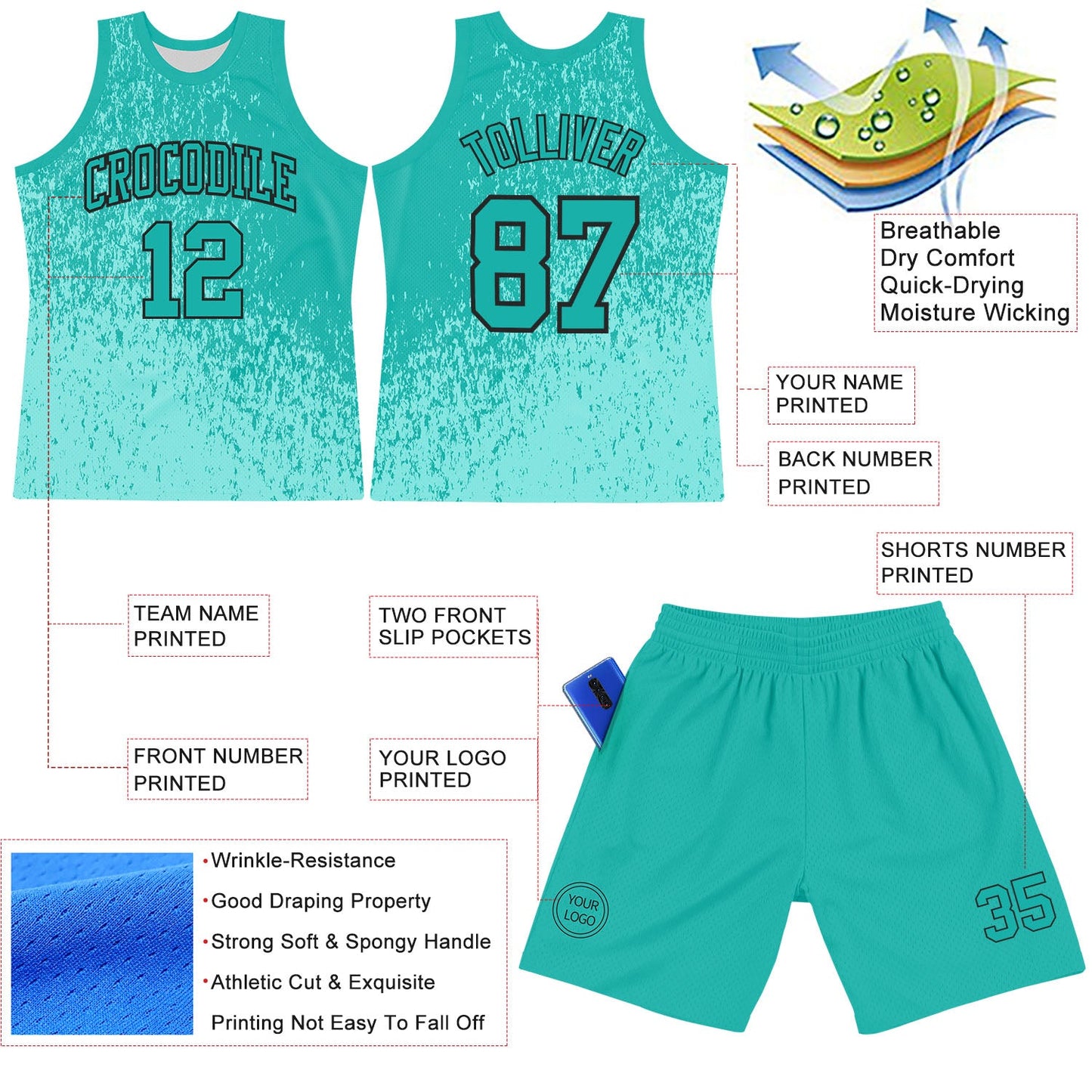 Custom Aqua Black Fragment Art Round Neck Sublimation Basketball Set Jersey