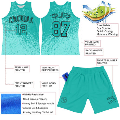 Custom Aqua Black Fragment Art Round Neck Sublimation Basketball Set Jersey