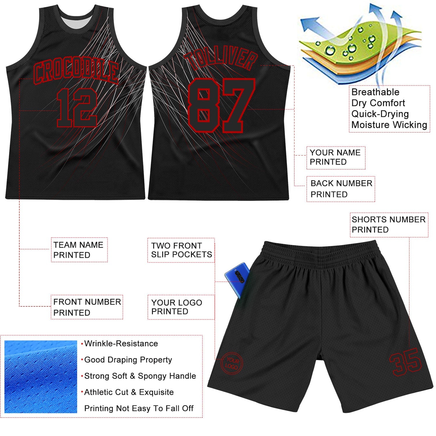 Custom Black Red Line Round Neck Sublimation Basketball Set Jersey