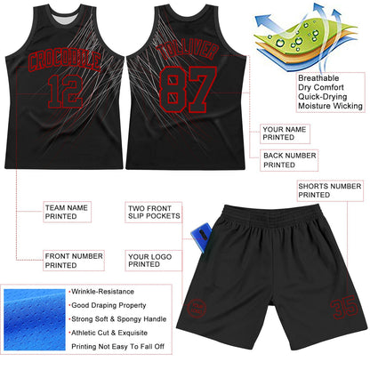 Custom Black Red Line Round Neck Sublimation Basketball Set Jersey