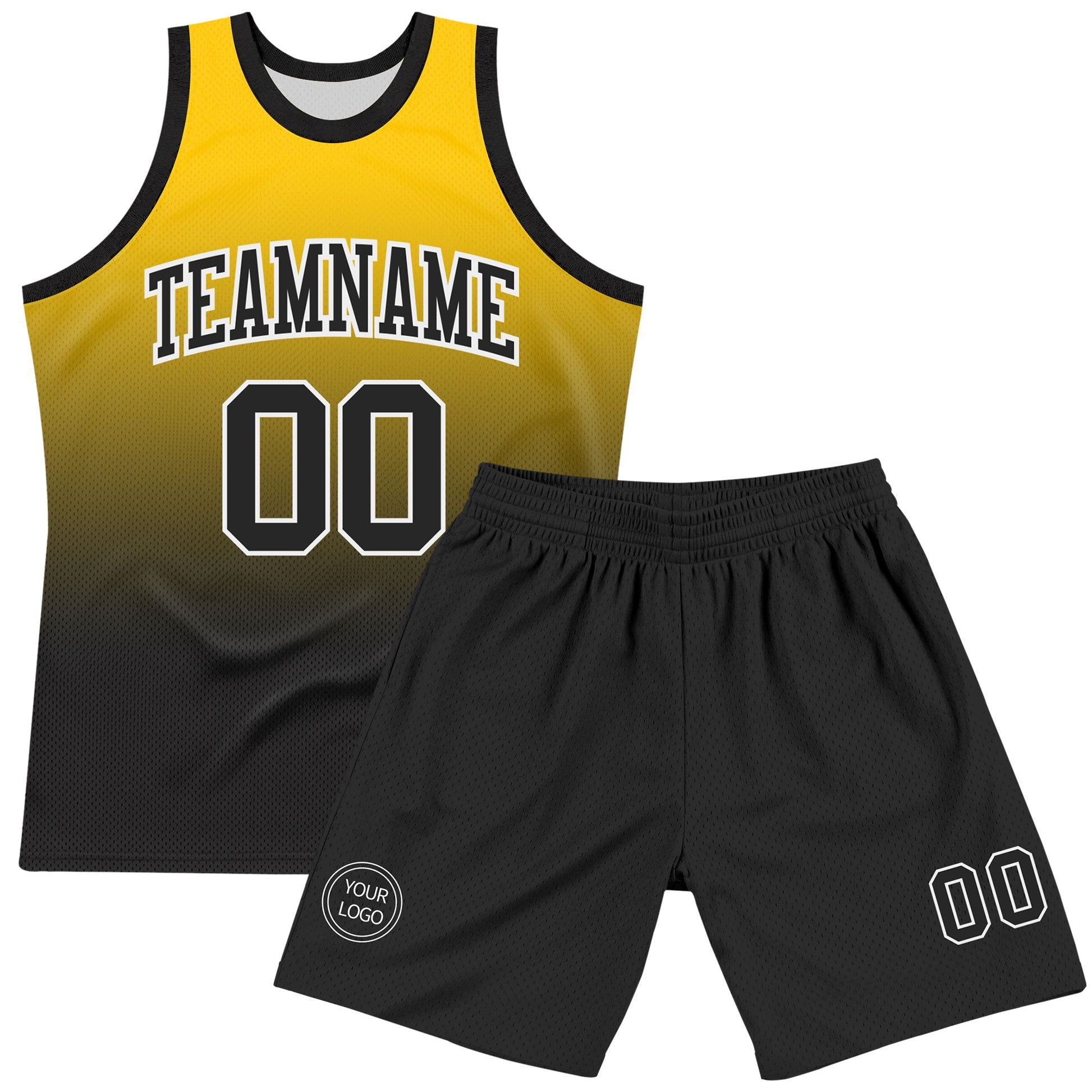 Custom Yellow Black-White Fade Fashion Round Neck Sublimation Basketball Set Jersey
