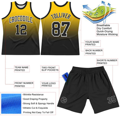 Custom Yellow Black-White Fade Fashion Round Neck Sublimation Basketball Set Jersey