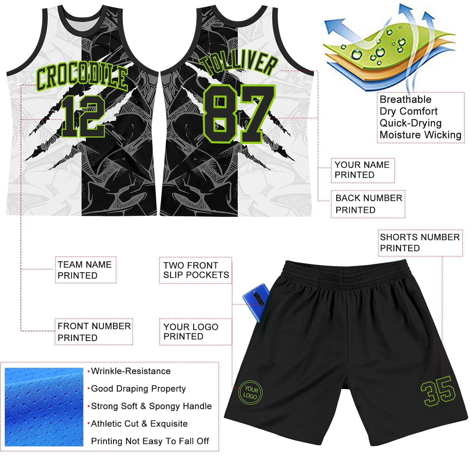 Custom Graffiti Pattern Black White-Neon Green Scratch Round Neck Sublimation Basketball Set Jersey