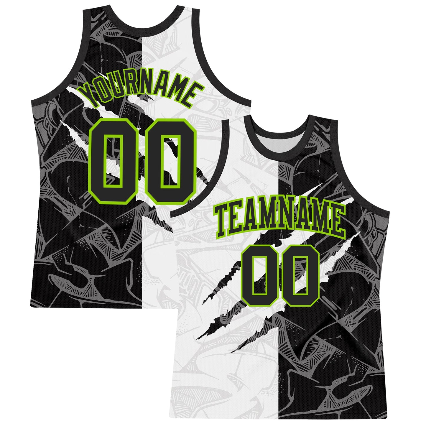 Custom Graffiti Pattern Black White-Neon Green Scratch Round Neck Sublimation Basketball Set Jersey